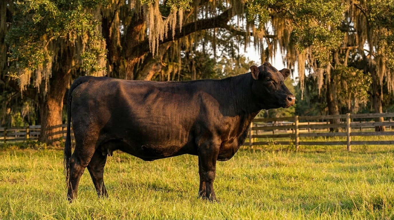 Black Angus cow showing the compact, deep-bodied British breed build — the marbling benchmark, built for cooler country